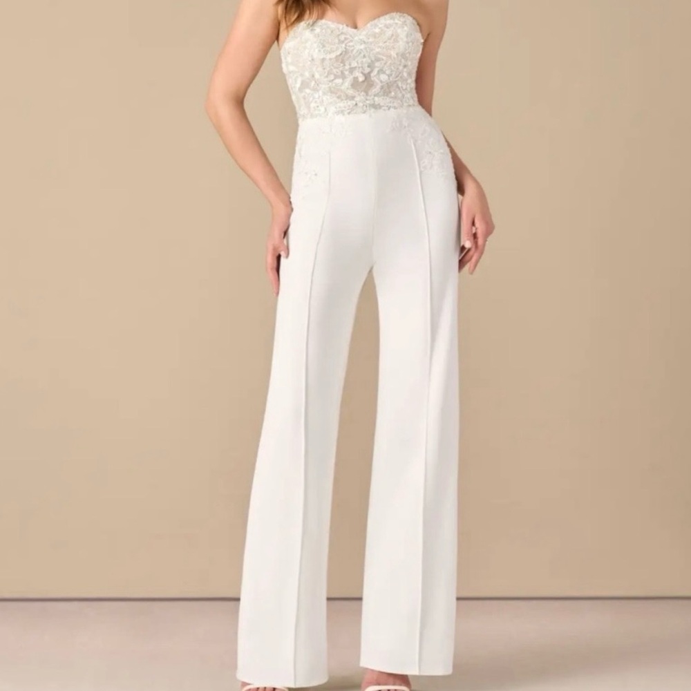 Azazie White Lace Strapless Jumpsuit